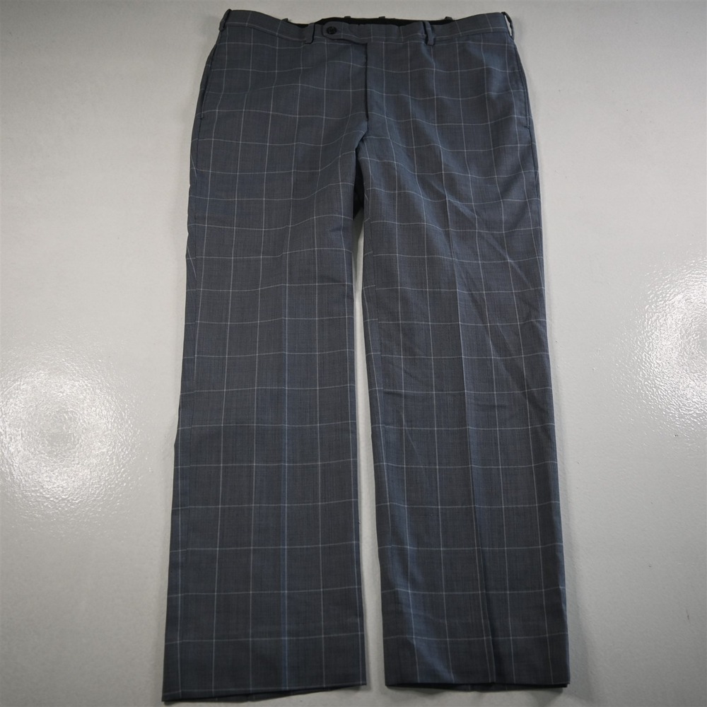 Tom James 36x30 Blue Windowpane‎ Wool Flat Front Straight Mens Pants